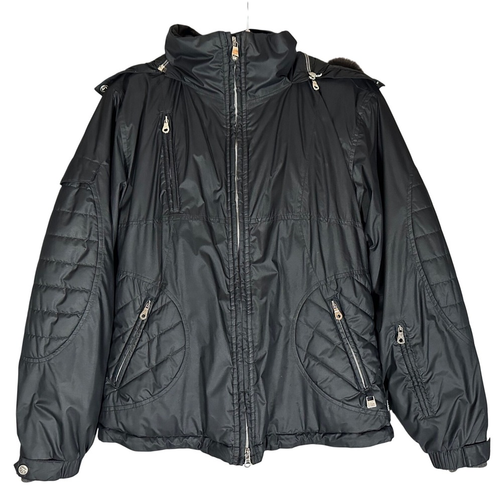 NILS Women's Ski Jacket Fox Fur Trim Removable Hood Sz 8 Black Coat Quilted Trim